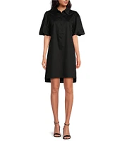 Trina Turk Riley Solid Cotton Sateen Point Collar Short Puff Sleeve Shift Dress