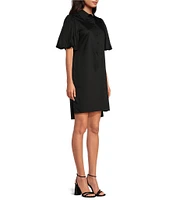 Trina Turk Riley Solid Cotton Sateen Point Collar Short Puff Sleeve Shift Dress