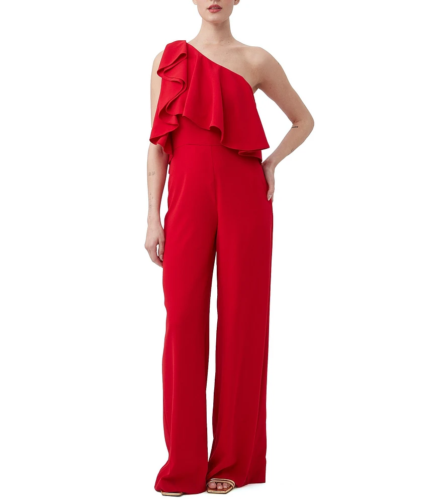 Trina Turk Royal Crepe One-Shoulder Ruffle Sleeveless Wide Leg Jumpsuit