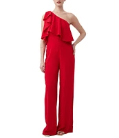 Trina Turk Royal Crepe One-Shoulder Ruffle Sleeveless Wide Leg Jumpsuit