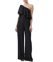 Trina Turk Royal Crepe One-Shoulder Ruffle Sleeveless Wide Leg Jumpsuit