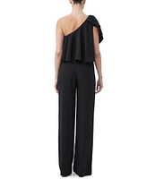 Trina Turk Royal Crepe One-Shoulder Ruffle Sleeveless Wide Leg Jumpsuit