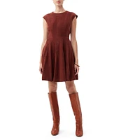 Trina Turk Sabi Suede Round Neck Cap Sleeve Pleated A-Line Dress