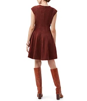 Trina Turk Sabi Suede Round Neck Cap Sleeve Pleated A-Line Dress