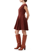 Trina Turk Sabi Suede Round Neck Cap Sleeve Pleated A-Line Dress