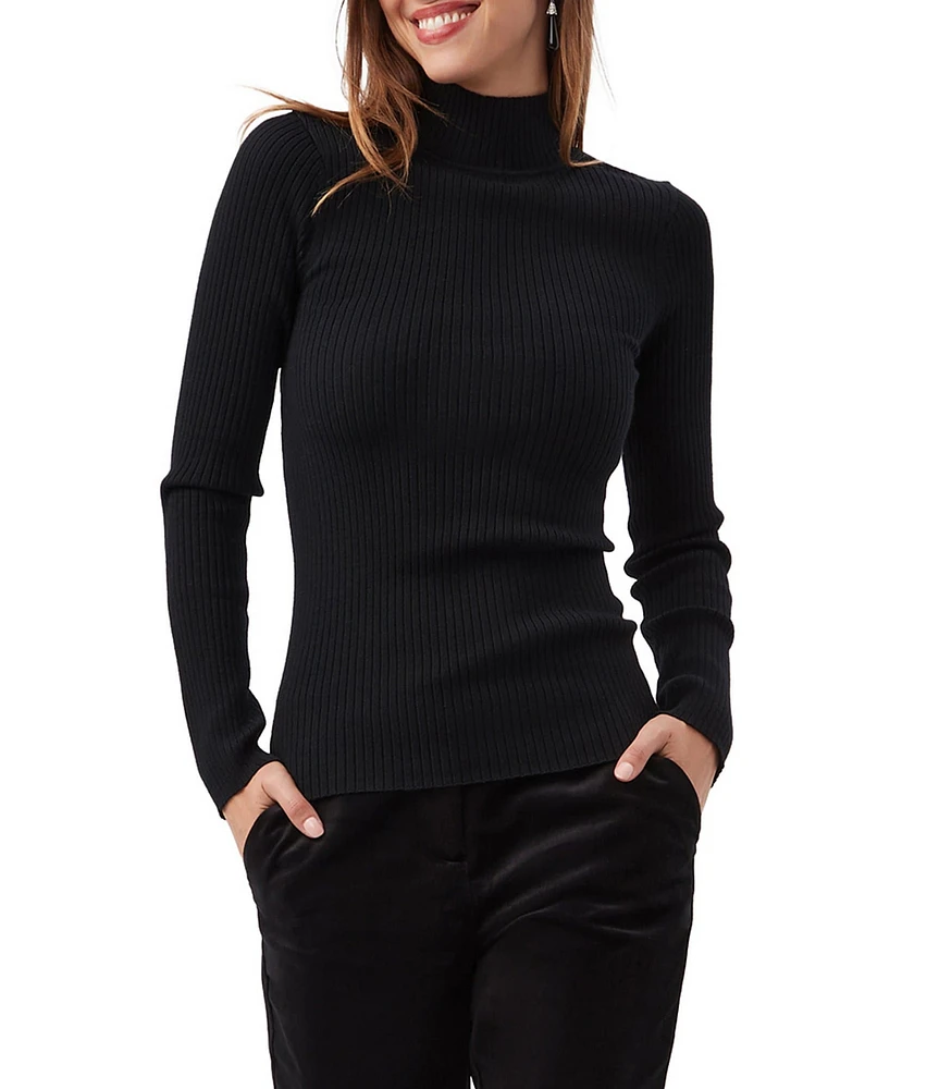 Trina Turk Sade Ribbed Knit Mock Neck Long Sleeve Open Back Pullover Top