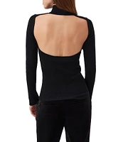 Trina Turk Sade Ribbed Knit Mock Neck Long Sleeve Open Back Pullover Top