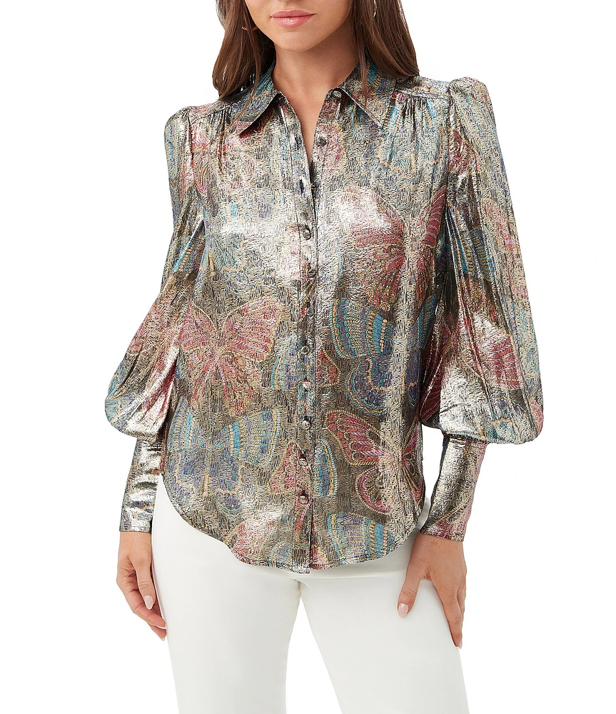 Trina Turk Sagittarius Mystical Monarch Butterfly Silk Metallic Long Blouson Sleeve Blouse