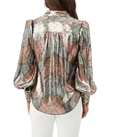 Trina Turk Sagittarius Mystical Monarch Butterfly Silk Metallic Long Blouson Sleeve Blouse