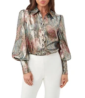 Trina Turk Sagittarius Mystical Monarch Butterfly Silk Metallic Long Blouson Sleeve Blouse