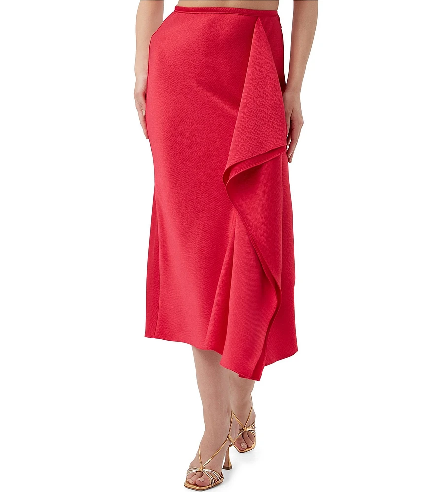 Trina Turk Sahel Satin Cascading Ruffle Midi Skirt