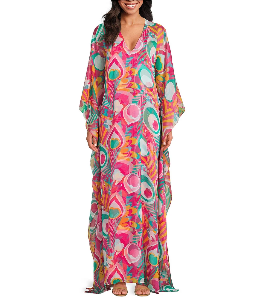 Trina Turk Salon Printed Crinkle Georgette V-Neck Long Sleeve Caftan Salon Dress