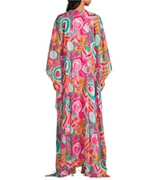 Trina Turk Salon Printed Crinkle Georgette V-Neck Long Sleeve Caftan Salon Dress