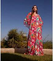 Trina Turk Salon Printed Crinkle Georgette V-Neck Long Sleeve Caftan Salon Dress