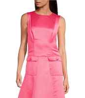 Trina Turk Satin High Neck Sleeveless Vertical Seam Front Patch Pocket Guinevere Dress