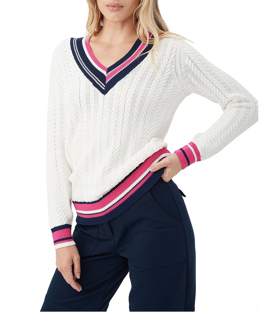 Trina Turk Seapointe V-Neck Long Sleeve Contrast Trim Sweater