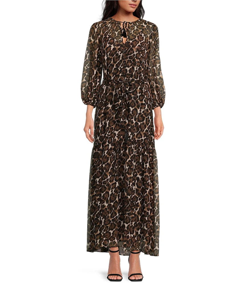 Trina Turk Shalina Crinkle Georgette Leopard Print Split V-Neck 3/4 Sleeve Belted Maxi A-Line Dress