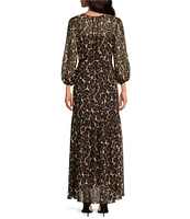 Trina Turk Shalina Crinkle Georgette Leopard Print Split V-Neck 3/4 Sleeve Belted Maxi A-Line Dress