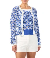Trina Turk Sinai Geometric Knit Crew Neck Long Sleeve Cardigan