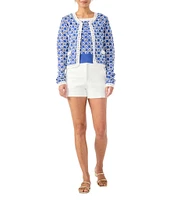 Trina Turk Sinai Geometric Knit Crew Neck Long Sleeve Cardigan