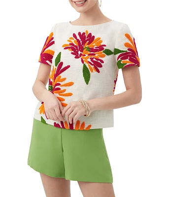 Trina Turk Siona Floral Embroidered Round Neck Short Sleeve Top