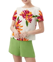 Trina Turk Siona Floral Embroidered Round Neck Short Sleeve Top