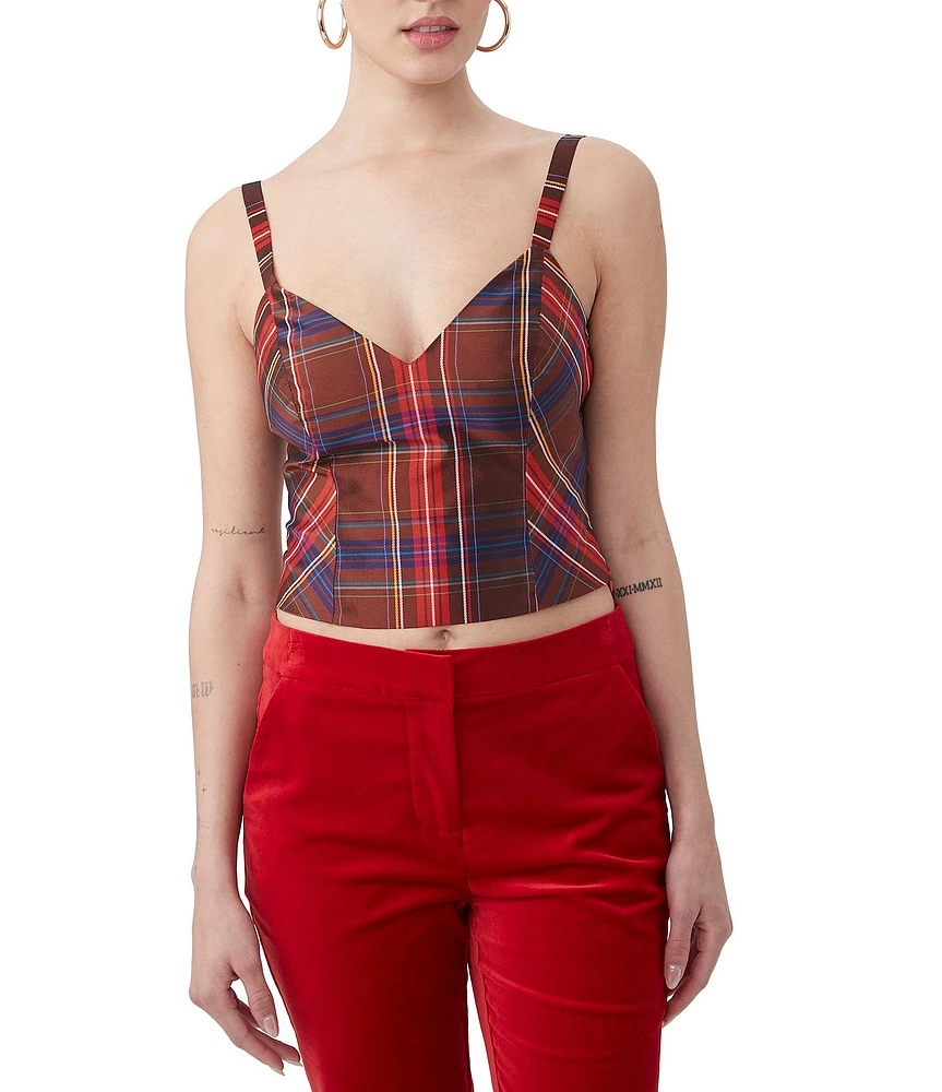 Trina Turk Siwan Playful Plaid Taffeta V-Neck Sleeveless Top