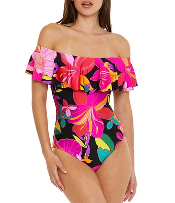 Trina Turk Solar Floral Print Off-the-Shoulder Ruffle One Piece Swimsuit