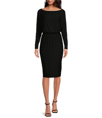 Trina Turk Solid Jersey Boat Neck Blouson Long Sleeve Sheath Dress