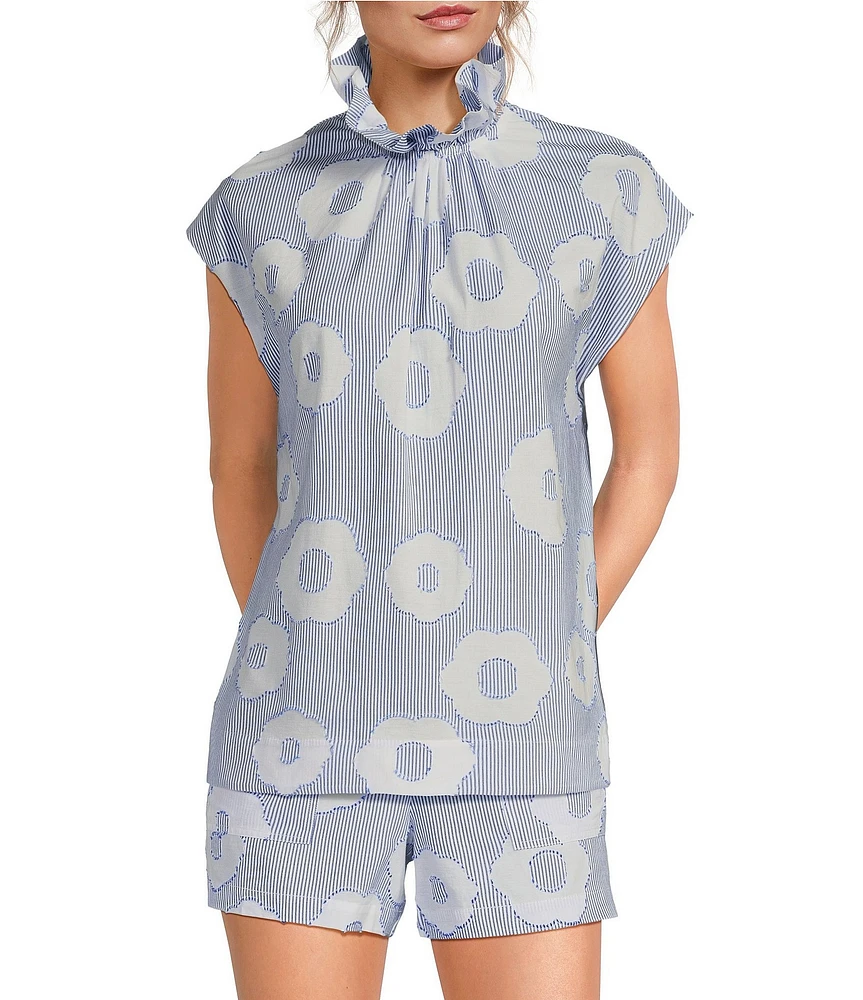 Trina Turk Sont Cassis Cotton Floral Print Mock Ruffle Neck Cap Sleeve Coordinating Top