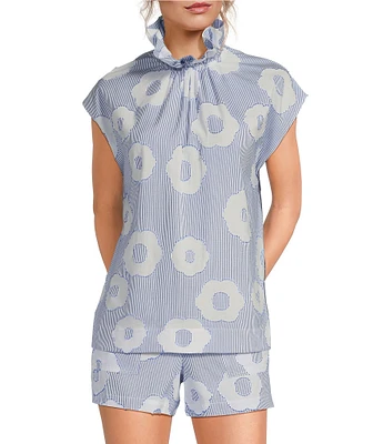 Trina Turk Sont Cassis Cotton Floral Print Mock Ruffle Neck Cap Sleeve Coordinating Top