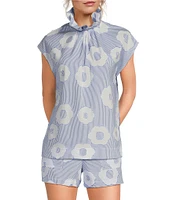 Trina Turk Sont Cassis Cotton Floral Print Mock Ruffle Neck Cap Sleeve Coordinating Top