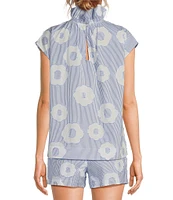 Trina Turk Sont Cassis Cotton Floral Print Mock Ruffle Neck Cap Sleeve Coordinating Top