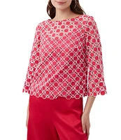 Trina Turk Sun Geometric Lace Boat Neck 3/4 Bell Sleeve Top