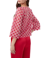 Trina Turk Sun Geometric Lace Boat Neck 3/4 Bell Sleeve Top