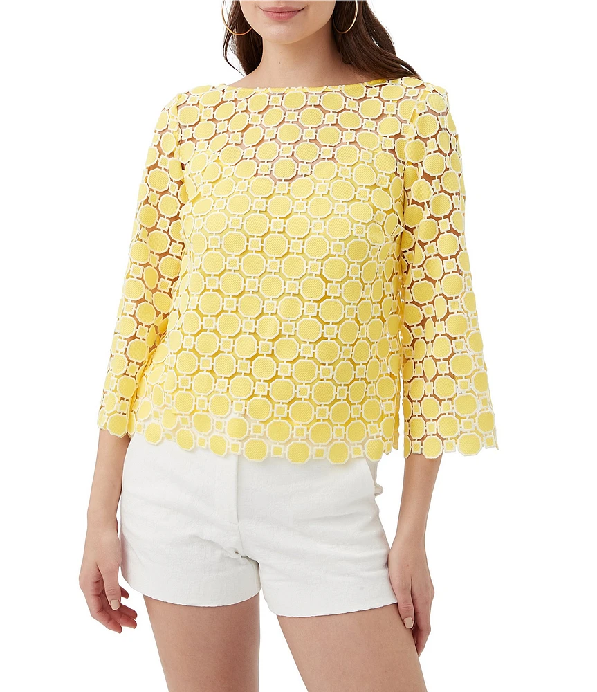 Trina Turk Sun Geometric Lace Boat Neck 3/4 Bell Sleeve Top