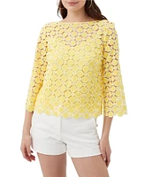 Trina Turk Sun Geometric Lace Boat Neck 3/4 Bell Sleeve Top