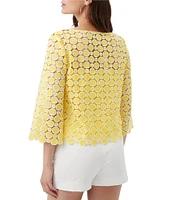 Trina Turk Sun Geometric Lace Boat Neck 3/4 Bell Sleeve Top