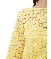 Trina Turk Sun Geometric Lace Boat Neck 3/4 Bell Sleeve Top