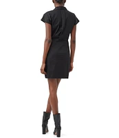 Trina Turk Tallia Cotton Sateen Folded V-Neck Short Sleeve Bow Sheath Dress