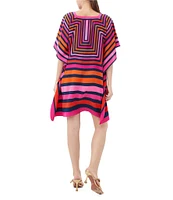 Trina Turk Theodora Geometric Print Silk Square Neck Elbow Sleeve Caftan Dress