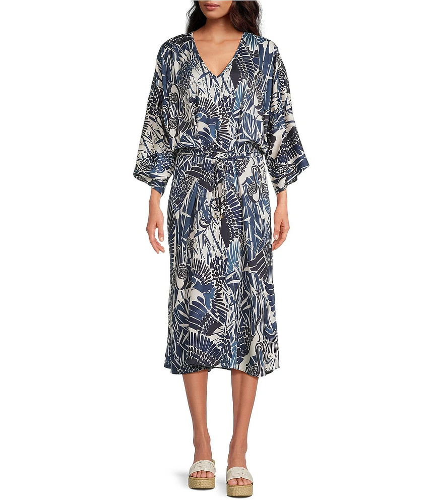 Trina Turk Topspin Printed Satin V-Neck 3/4 Bell Sleeve Wrap Dress