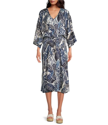 Trina Turk Topspin Printed Satin V-Neck 3/4 Bell Sleeve Wrap Dress