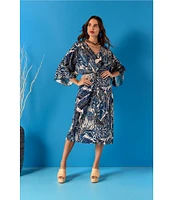 Trina Turk Topspin Printed Satin V-Neck 3/4 Bell Sleeve Wrap Dress