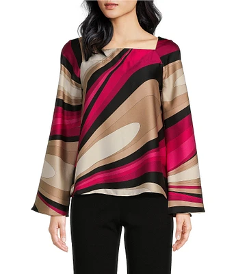 Trina Turk Torie Woven Satin Georgette Wynwood Wave Print Square Neck Long Raglan Sleeve Top