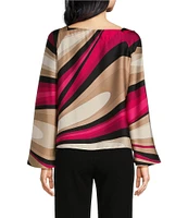 Trina Turk Torie Woven Satin Georgette Wynwood Wave Print Square Neck Long Raglan Sleeve Top