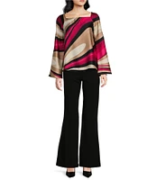 Trina Turk Torie Woven Satin Georgette Wynwood Wave Print Square Neck Long Raglan Sleeve Top