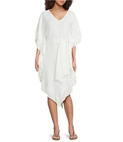 Trina Turk Toulouse Double Georgette V-Neck Short Sleeve Tie Waist Fringe Caftan Dress