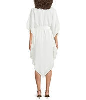 Trina Turk Toulouse Double Georgette V-Neck Short Sleeve Tie Waist Fringe Caftan Dress