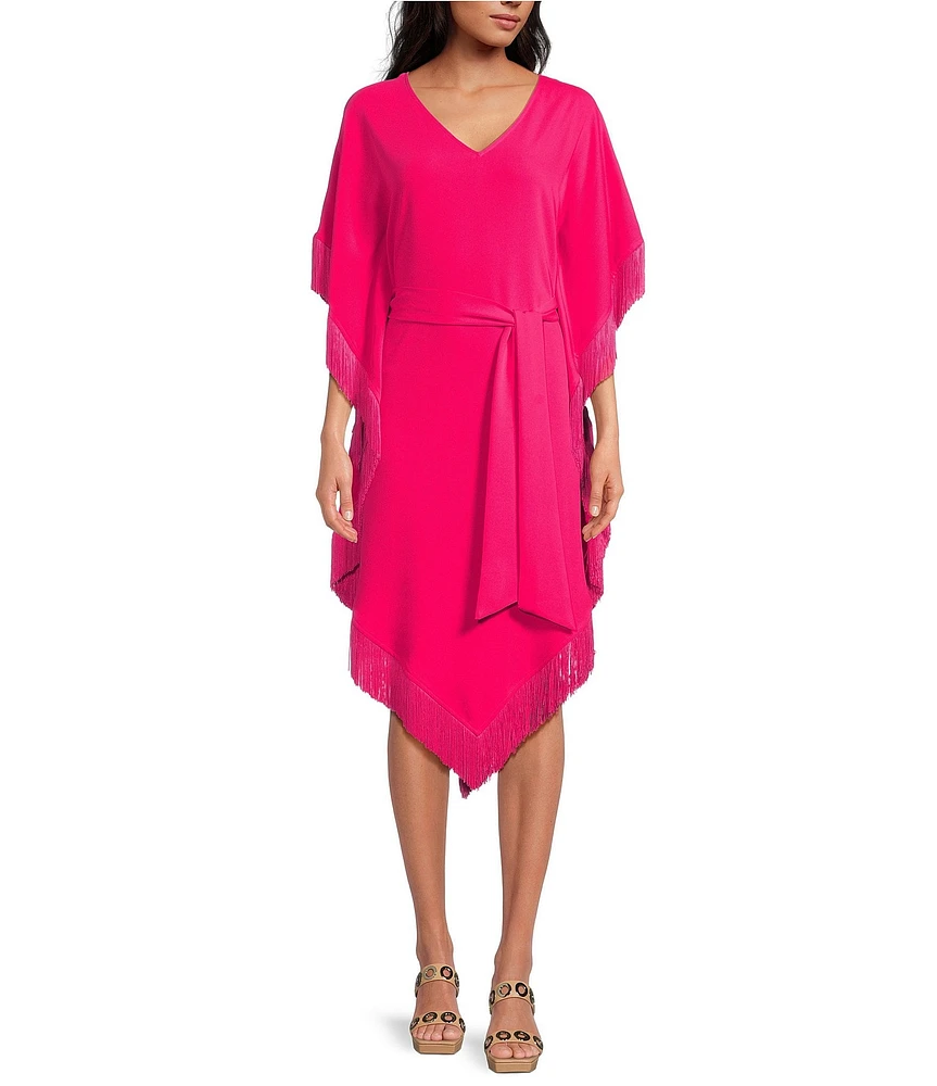 Trina Turk Toulouse Double Georgette V-Neck Short Sleeve Tie Waist Fringe Caftan Dress